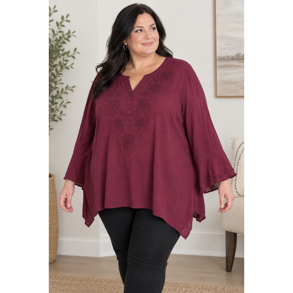 Catherines Blouse Women's 5X Beaded Embroidered Tunic Boho Bell Sleeves Burgundy